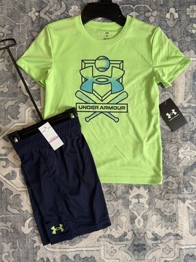 Under Armour Boys size 6 Aqua Blue Heather Tee and Navy Stripe Shorts